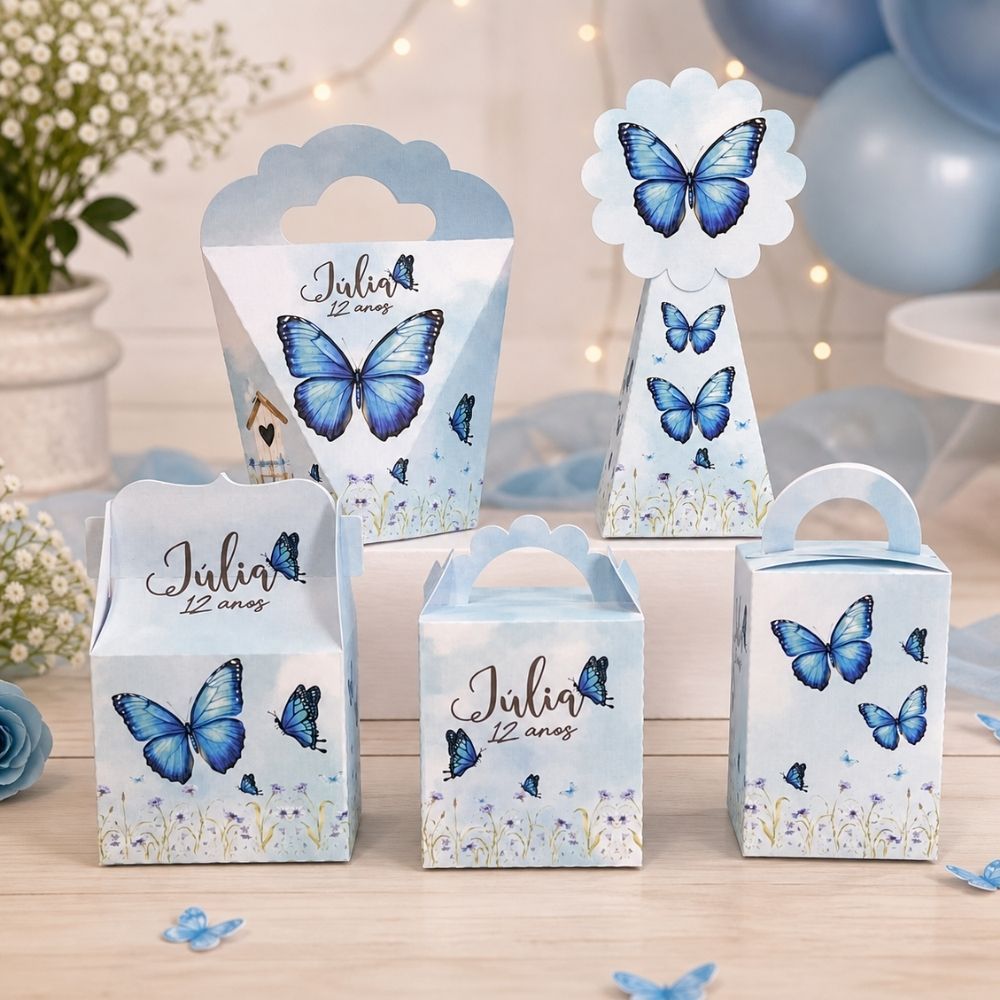 ENVIO RÁPIDO Kit Caixinhas Personalizadas Borboleta Azul Lembrancinhas para Aniversário SEMI MONTADO