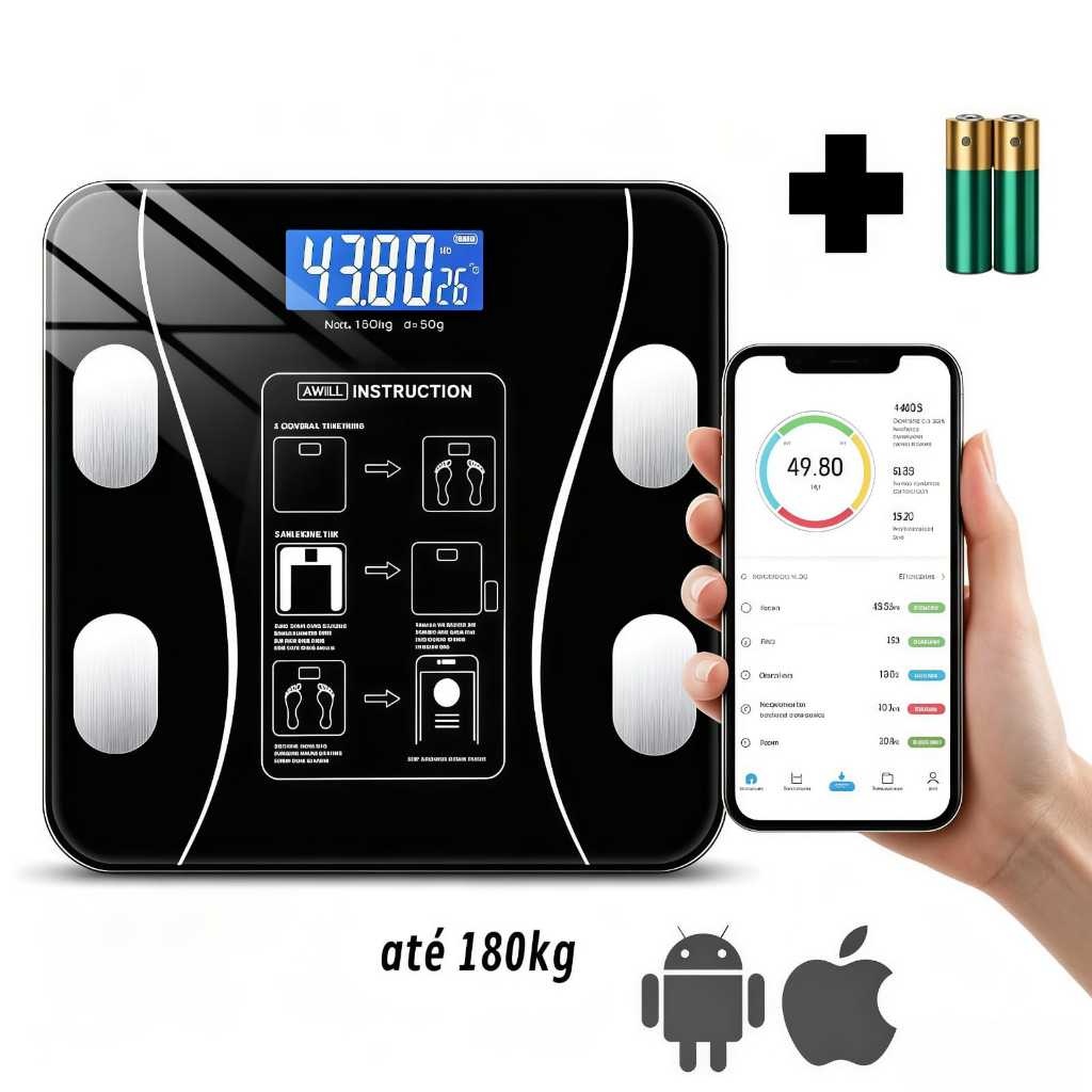 Balança Bioimpedancia Digital Bluetooth Corporal até 180kg Resultado Pelo Celular + Pilhas