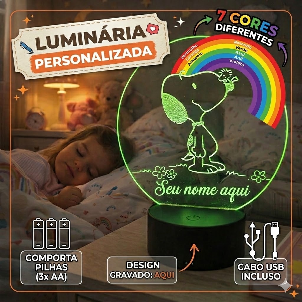 Luminária LED Snoopy Personalizada - Luminária infantil quarto de criança - led luminoso