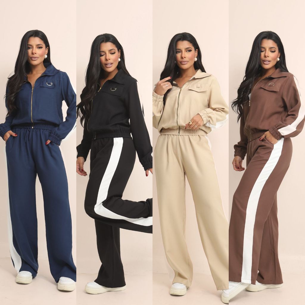 Conjunto Feminino Sensorial Marrante Confortável e Estiloso, Calça Pantalona com Listra Lateral e Jaqueta com Zíper