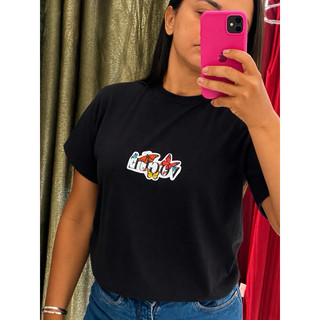 Camiseta Feminina Preta Estampa Borboletas Moda Casual Confortável