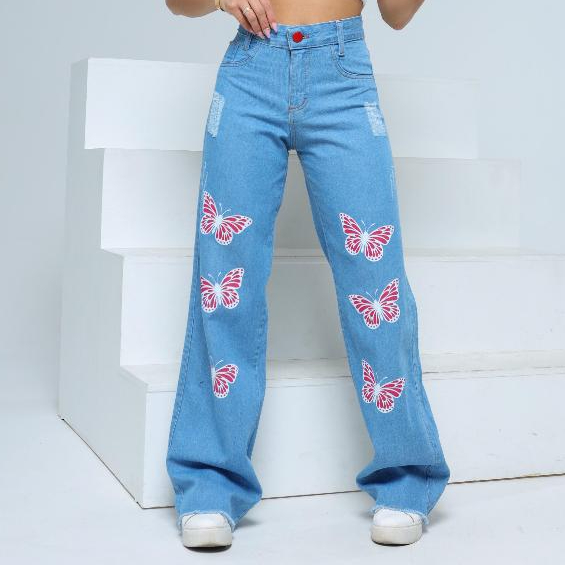 Calça Infantil Jeans Menina Juvenil Modelo Wide Leg Cintura Alta Estampa Borboleta Rosa