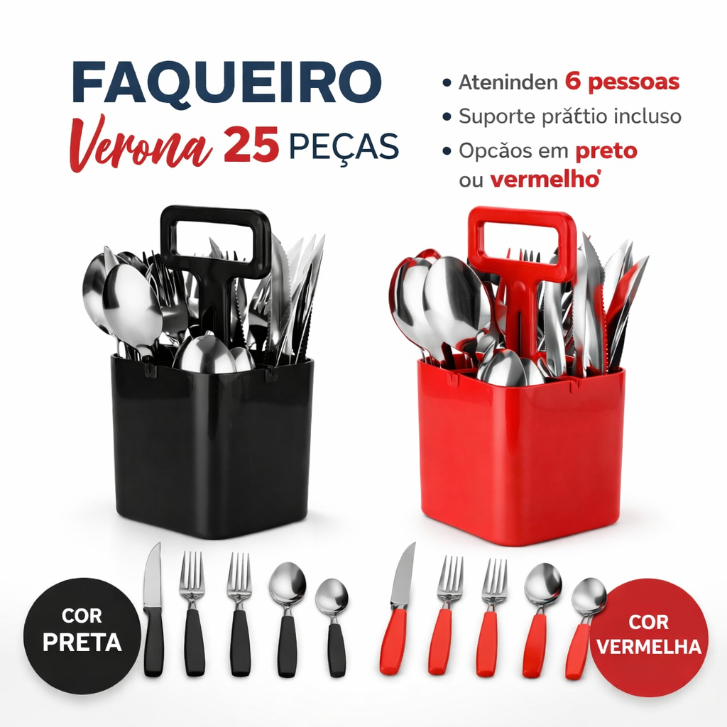 Conjunto de Talheres Verona 25 Peças Faqueiro Premium Preto Vermelho Jogo inox mesa posta jantar