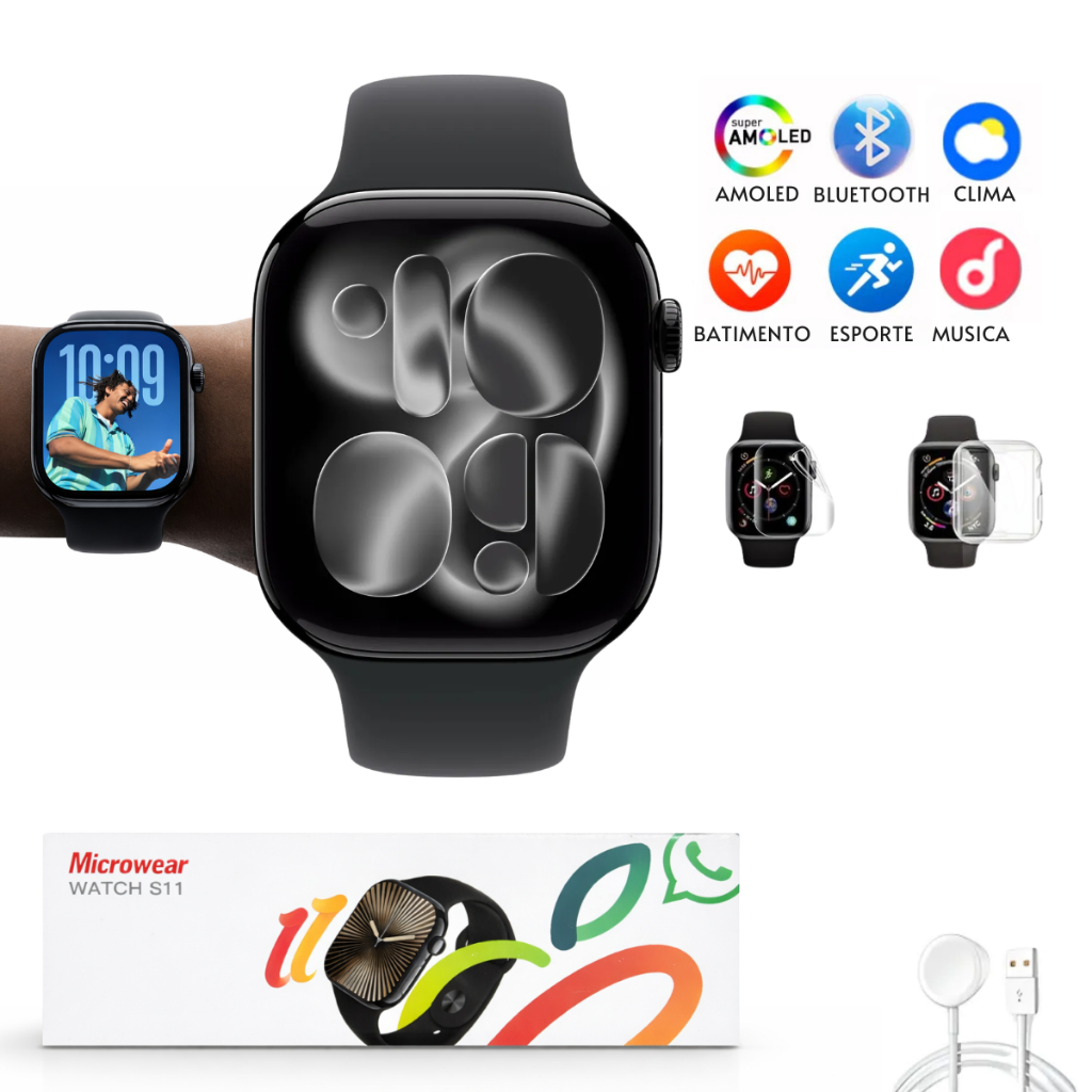 Smartwatch Fitness S11 PRO Relógio Bluetooth Troca Foto Conta Passos Monitora Sono Calendário
