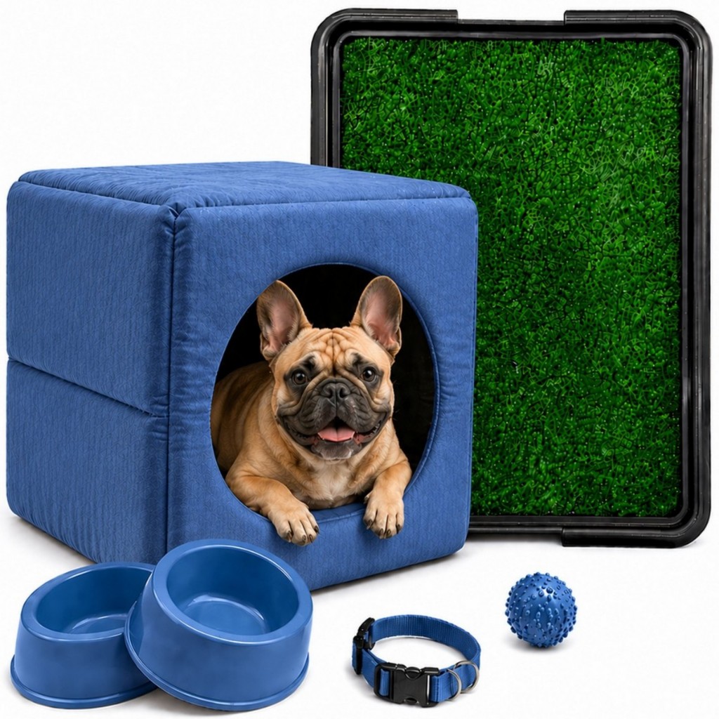 Kit Cama 3em1 Suede Médio Pet Sanitário Grama Comedouro Coleira Bolinha