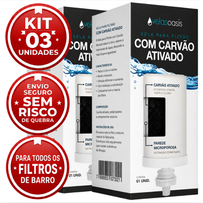 3 VELAS FILTRO BARRO Carvão Ativado ORIGINAL Retira Impurezas Alcalina - ENVIO RÁPIDO