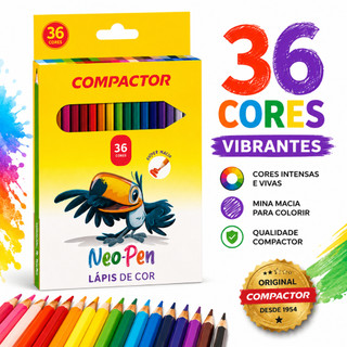 Lápis de Cor 36 Cores Compactor Neo Pen Desenhar Colorir Volta as Aulas
