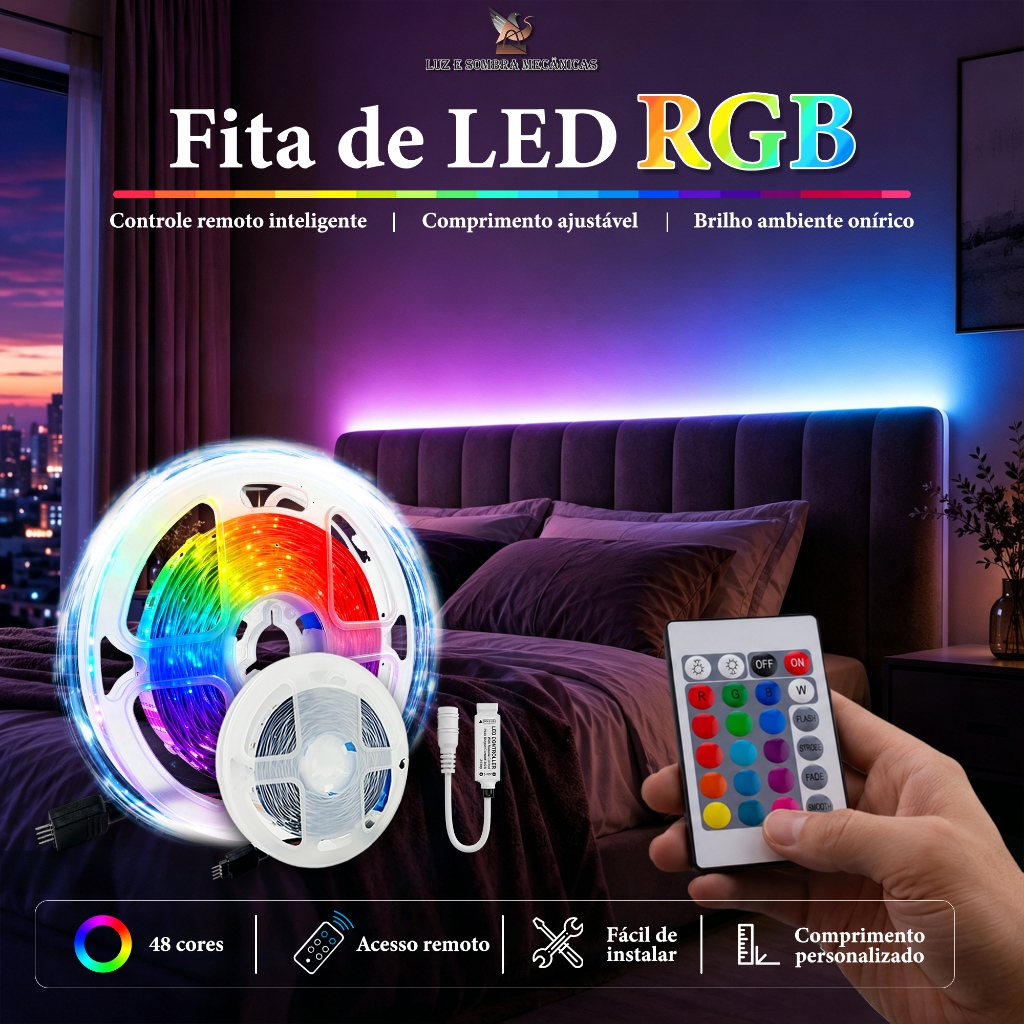 Fita de LED RGB 3528 Ultra Colorida 5m 12V Bivolt Controle Decoração Quarto Festa Gamer