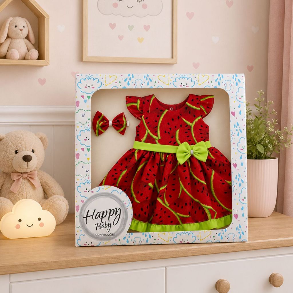 Vestido Curto Estampado Melancia Para Bebê Menina Magali na Caixa com Tiara