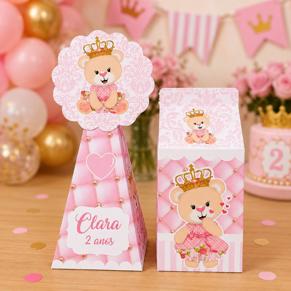 Kit Personalizado Ursinha Princesa Rosa | Lembrancinhas Festa Infantil | Caixinhas | Aniversário