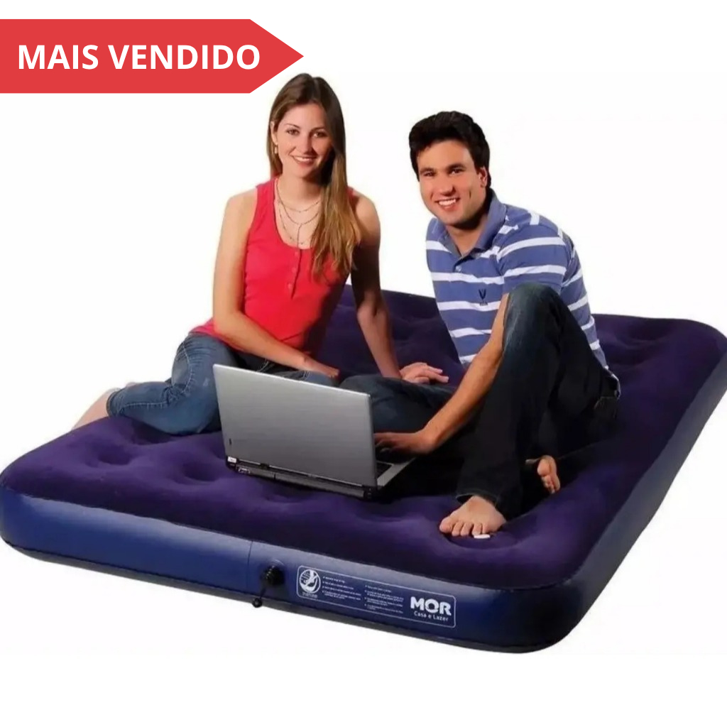 Colchão Inflável Casal Com Inflador Acoplado Multiuso Mor 409072 Azul