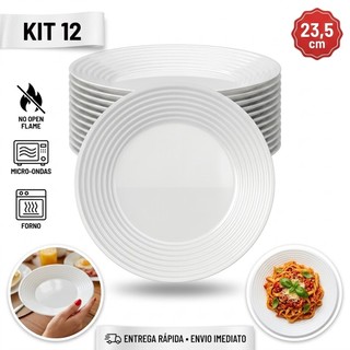 Kit jogo de 12 Pratos Fundo Saturno Nadir Opaline 23,5cm prato de vidro temperado branco