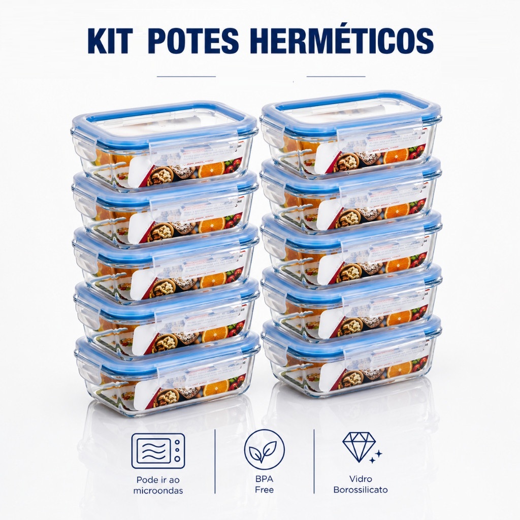 Kit 5 e 10 Potes De Vidro Hermetico Marmita Fit Mantimento Tampa 4 Travas, Microondas