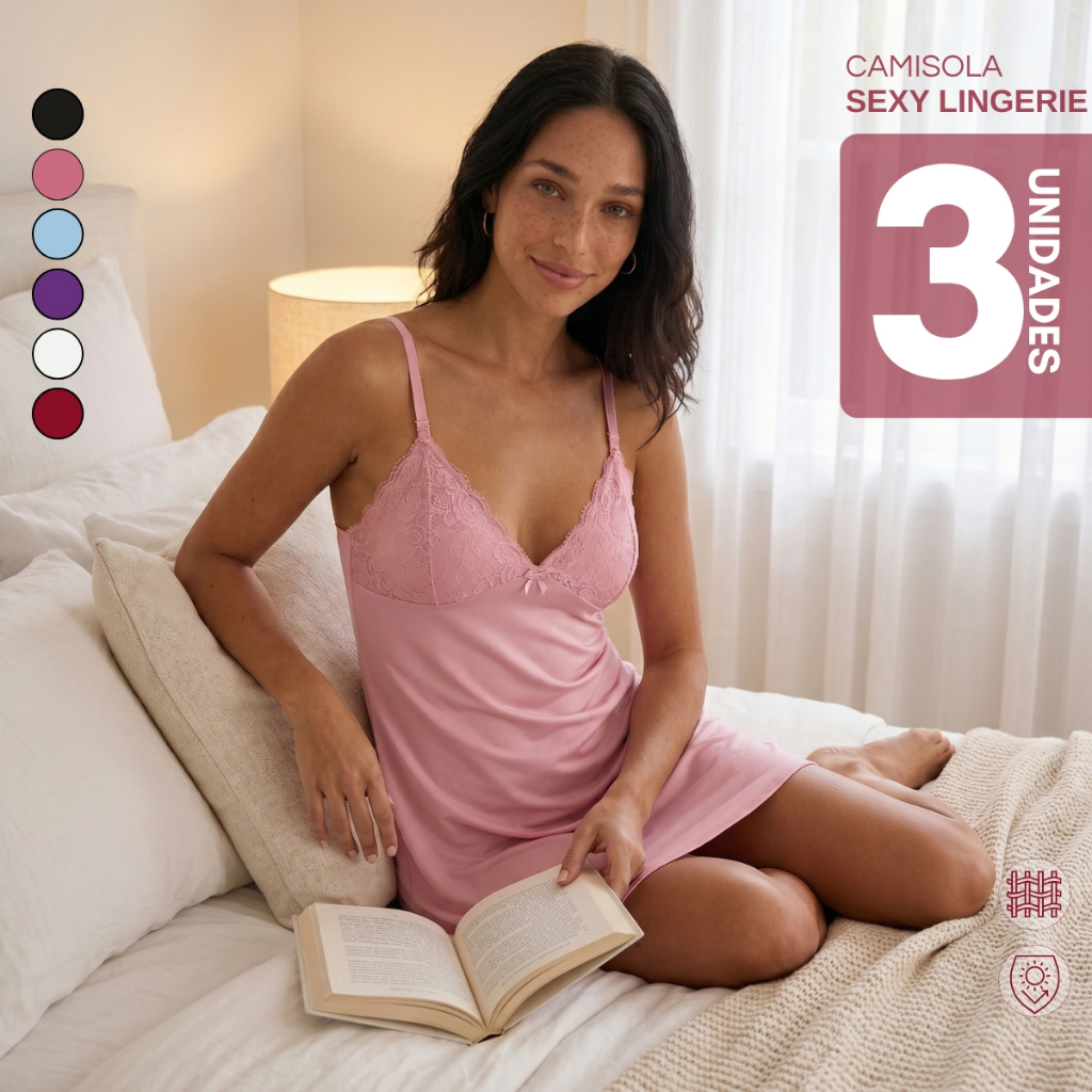 KIT 3 Camisolas sem Bojo Feminina Renda Lingerie Pijama Noite Soltinha Moda Adulta Confortável
