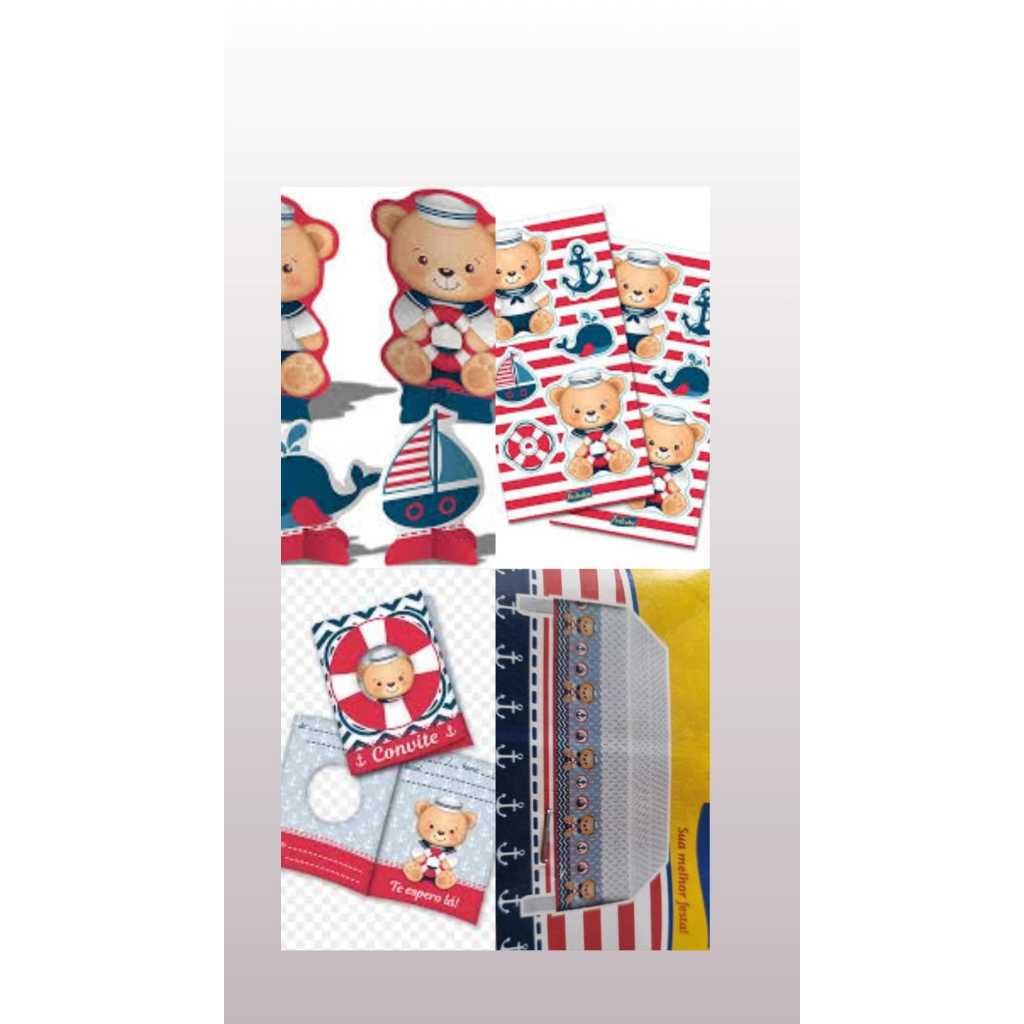 Kit festa aniversário decoração tema ursinho marinheiro com toalha kit de mesa adesivo e convite