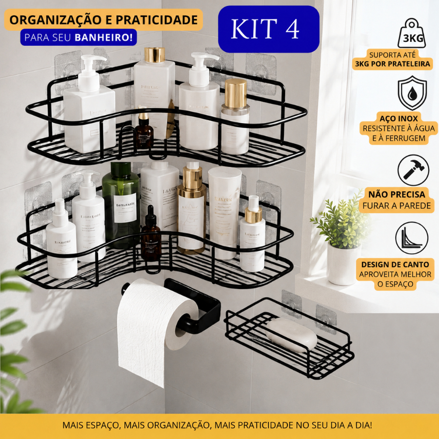Kit 4 Organizador Banheiro Sem Furo Adesivo Suporte Shampoo Sabonete e Papel