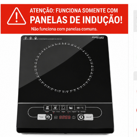 Cooktop de Indução 2000W 220V Apenas Panelas com Fundo Magnético