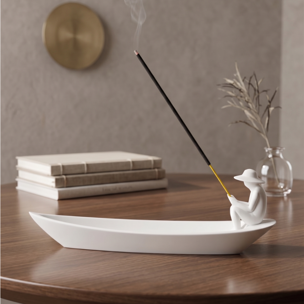 Imagem Incensário Porta Incenso Moderno Minimalista Meditação Zen 17cm Pescador Canoa Calma