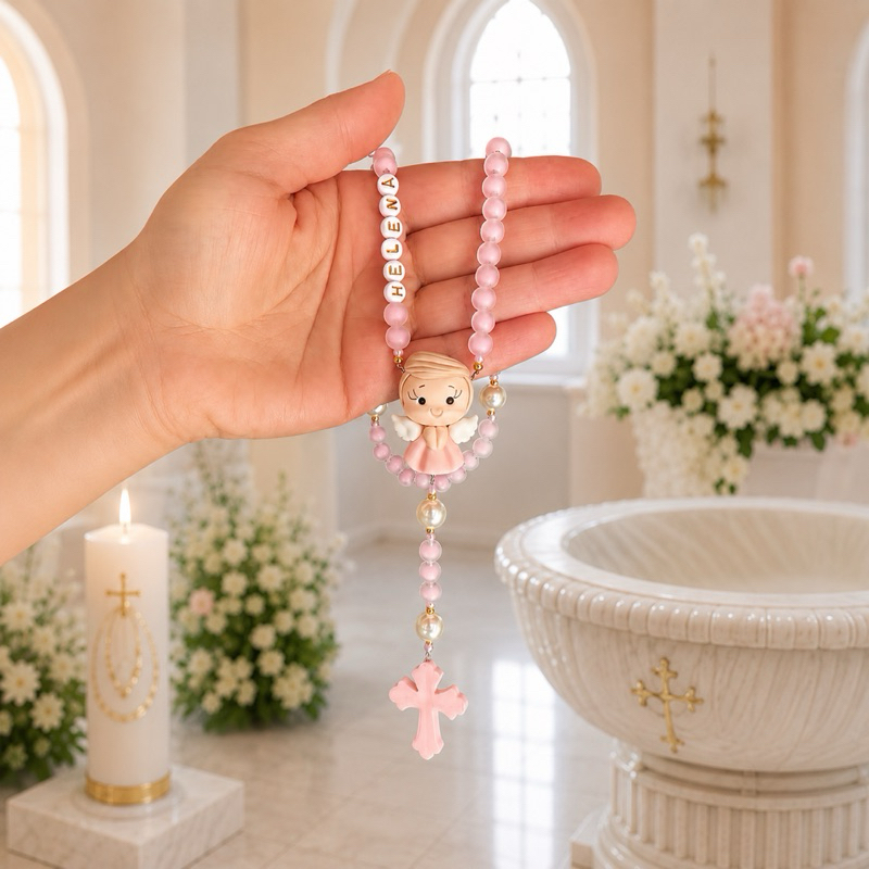 Terço batizado Doce Anjinha Loira | Terço Infantil personalizado | terço para menina Rosário