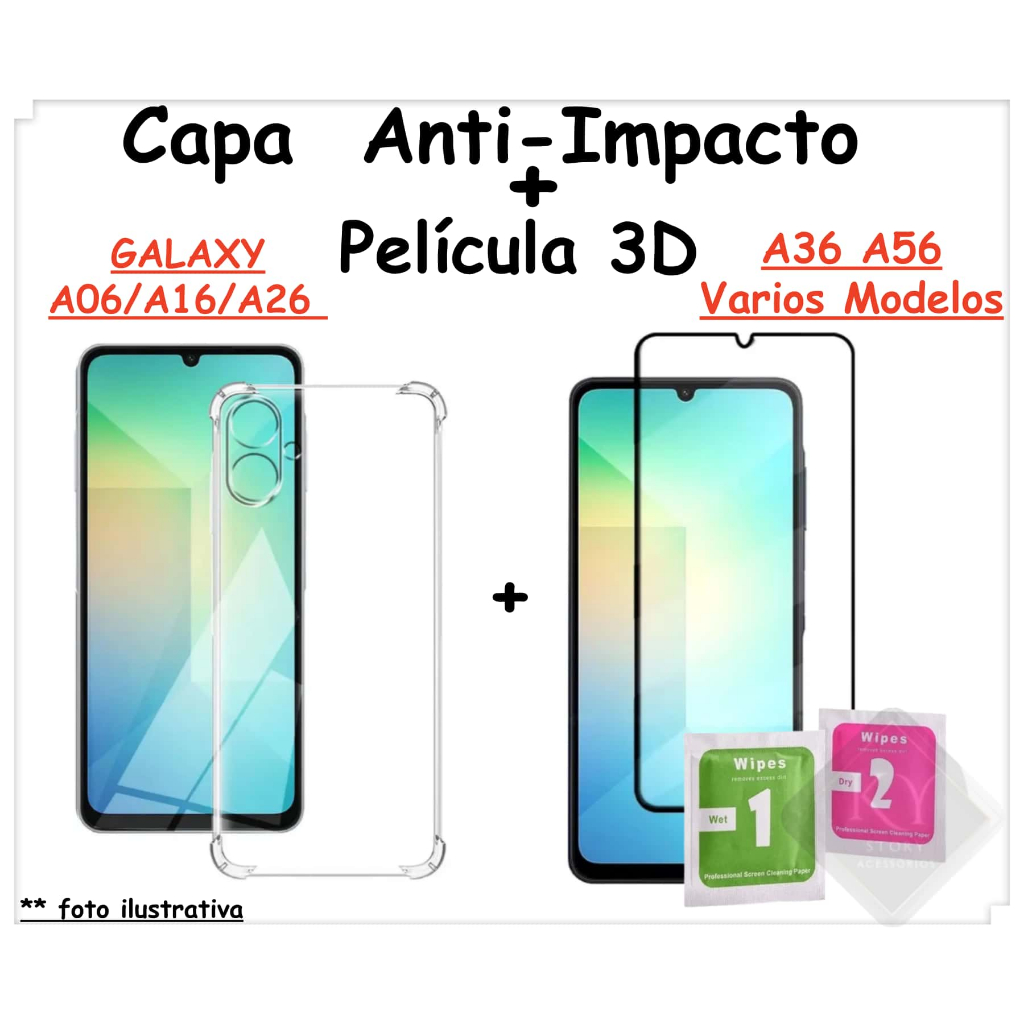 Capa Anti Impacto + Película 3D Para Samsung A06 /A16/A26/A36/A56 Vários Modelos