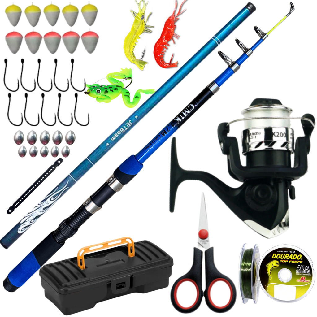 Kit Molinete de Pesca Vara Telescopica Mão 3,60 Caniço Presente Natal Isca Artificial Tilapia Rio