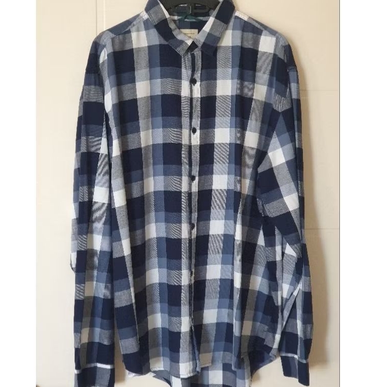 Camisa Comfort em Algodão com Estampa Xadrez e Manga Longa Azul/Cinza/Off White tamanho GG.