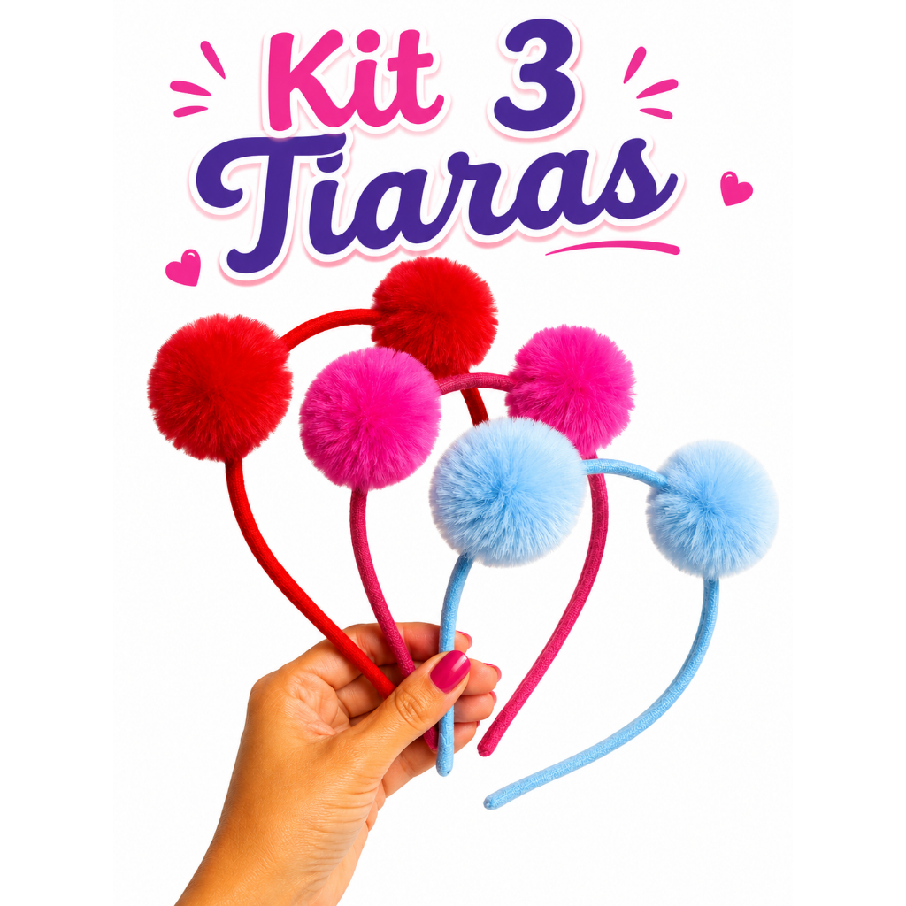 Kit 3 Tiara Pompoms Grandes Mundo Rosa Meninas Festas Fantasias
