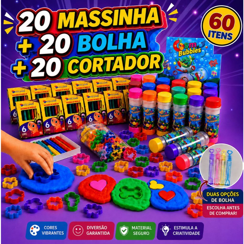 Kit c/até 20Cx Massinha de Modelar + 20 Bolha de Sabão + 20 Cortador Molde Lembrancinha Infantil