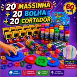 Kit c/até 20Cx Massinha de Modelar + 20 Bolha de Sabão + 20 Cortador Molde Lembrancinha Infantil