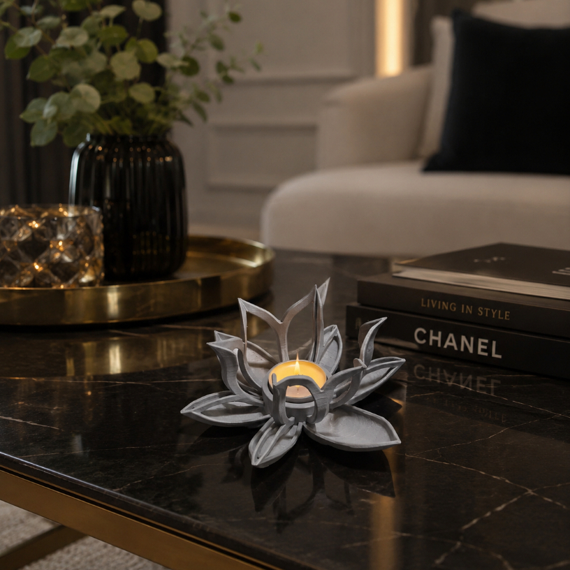 Imagem Porta Vela Flor de Lótus Decorativo em Impressão 3D Suporte Elegante Zen para Sala Mesa e Decoração Luxo