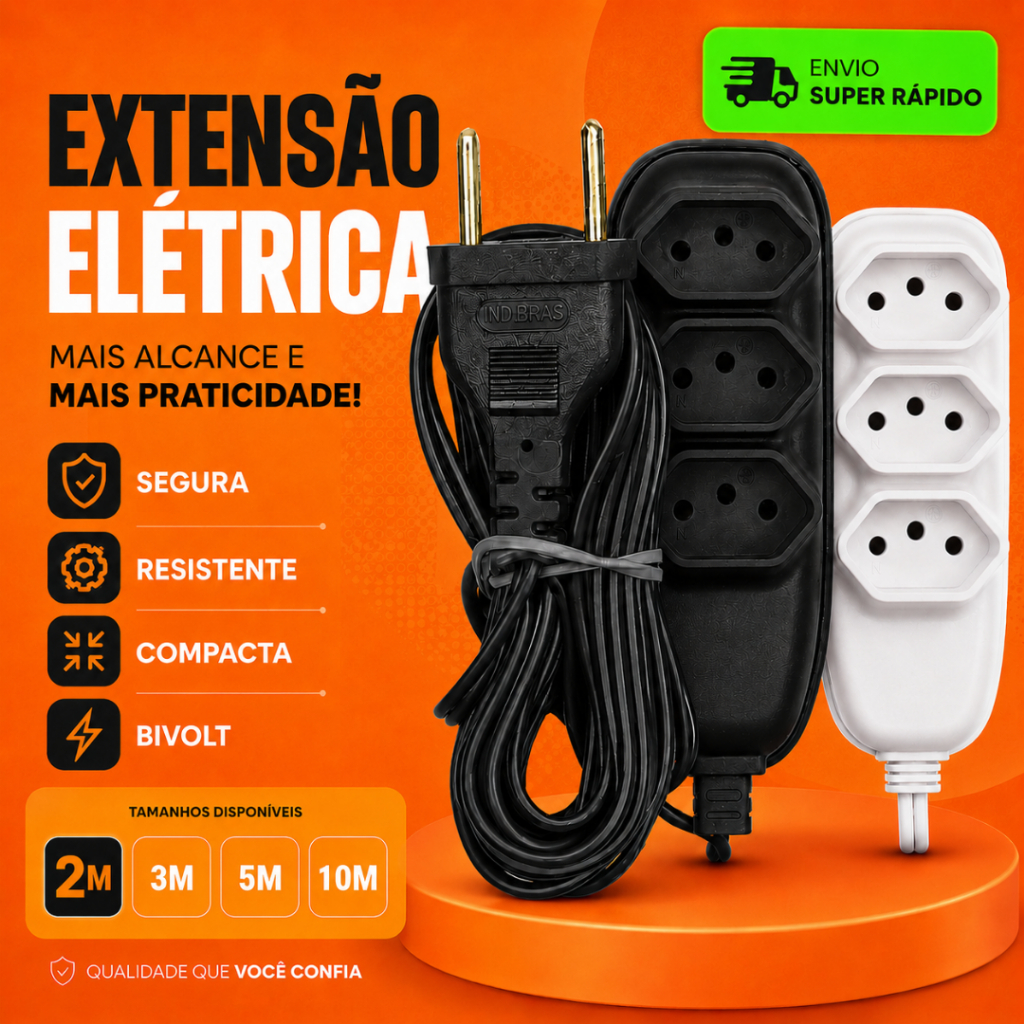 Extensão Elétrica 3 Tomadas com 2, 3, 5, 10 Metros Extensão de Energia Resistente