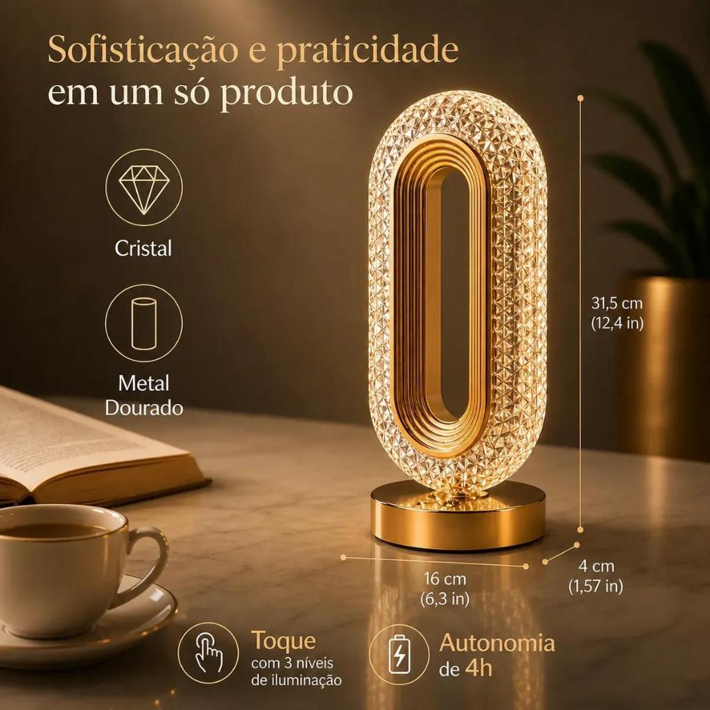 Abajur de Cristal LED 3 Cores | Luminária de Mesa Touch Recarregável Luxuosa para Quarto