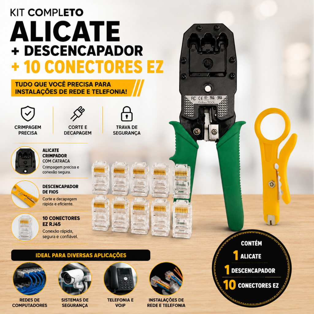 Alicate de Crimprar RJ45 RJ11 Cabos de Rede e Telefonia + Decapador de Fios + 10 conectores RJ45