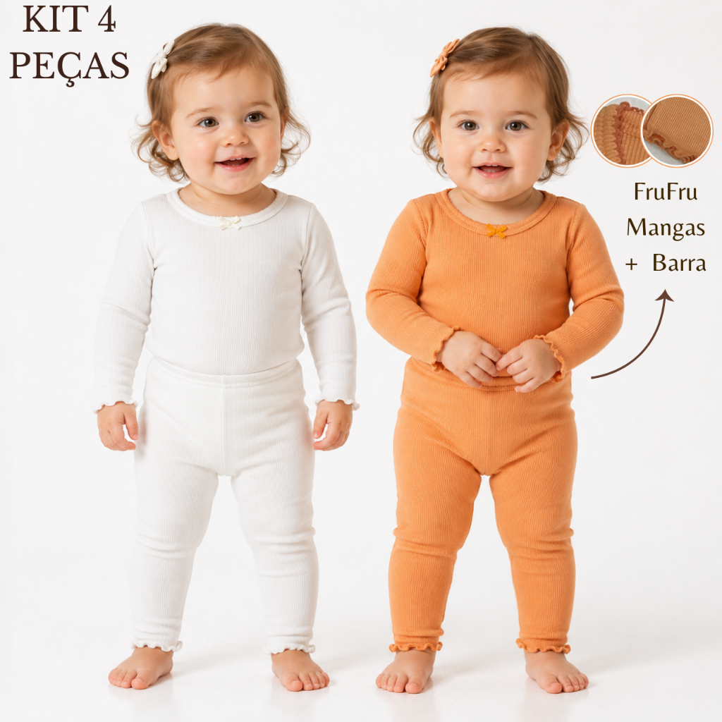 Kit 4 Peças Body E Calça FruFru E Laço Ribana Canelado Mijão Pagão Roupa Para Bebe Menina Conforto
