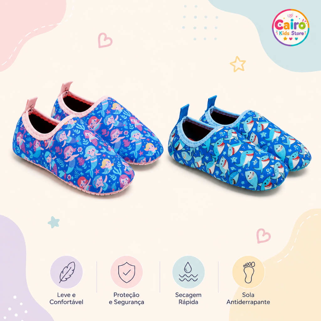 KIT 2 UNIDADES Sapatilha Tubarao Sereia Antiderrapante Neoprene Sapato Aquático De Criança Infantil Calce Fácil