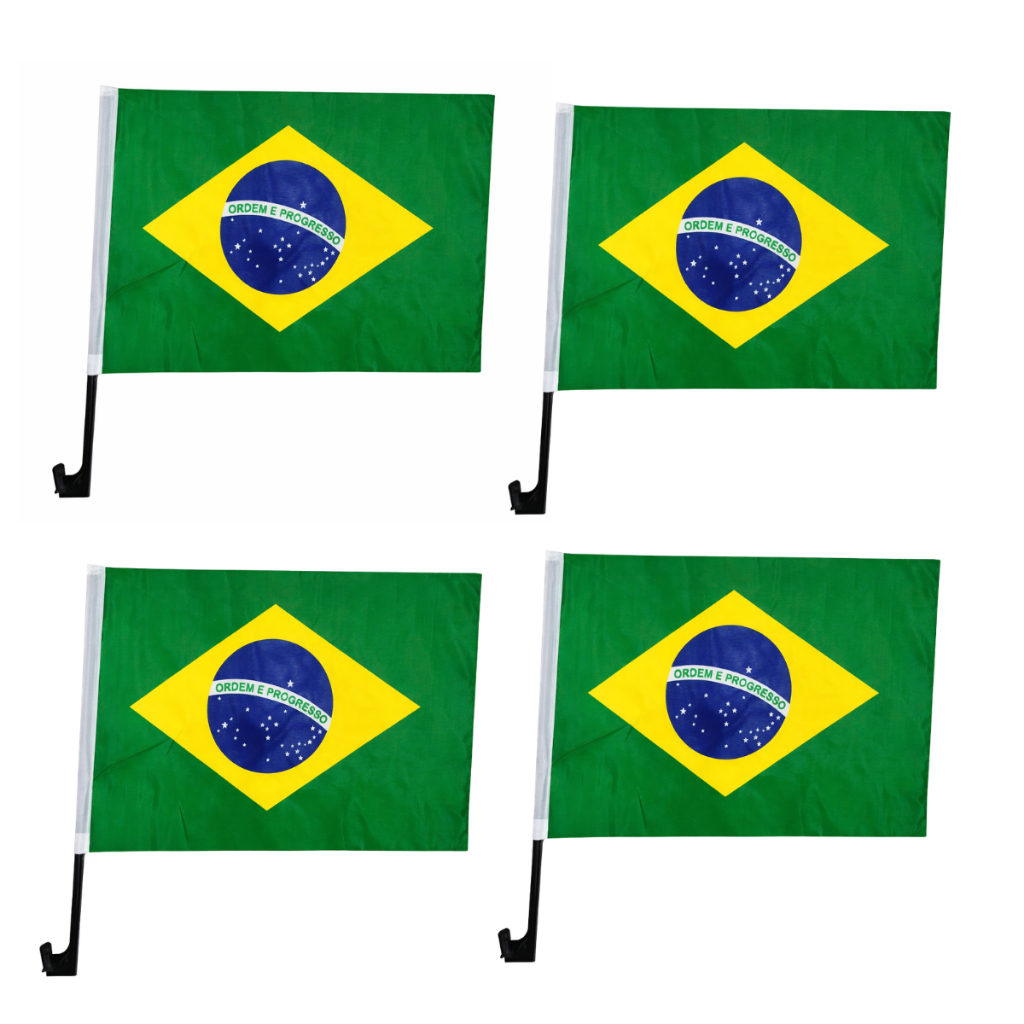 Kit 12 Bandeiras do Brasil 32x45cm em Poliéster Com Haste e Suporte Reforçado Prender Vidro do Carro