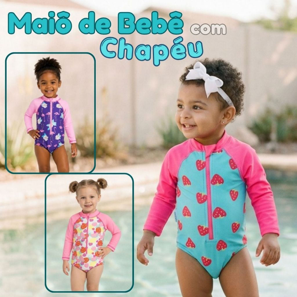 Pulpo Maiô Bebê Menina Manga Longa Nylon Com Chapéu