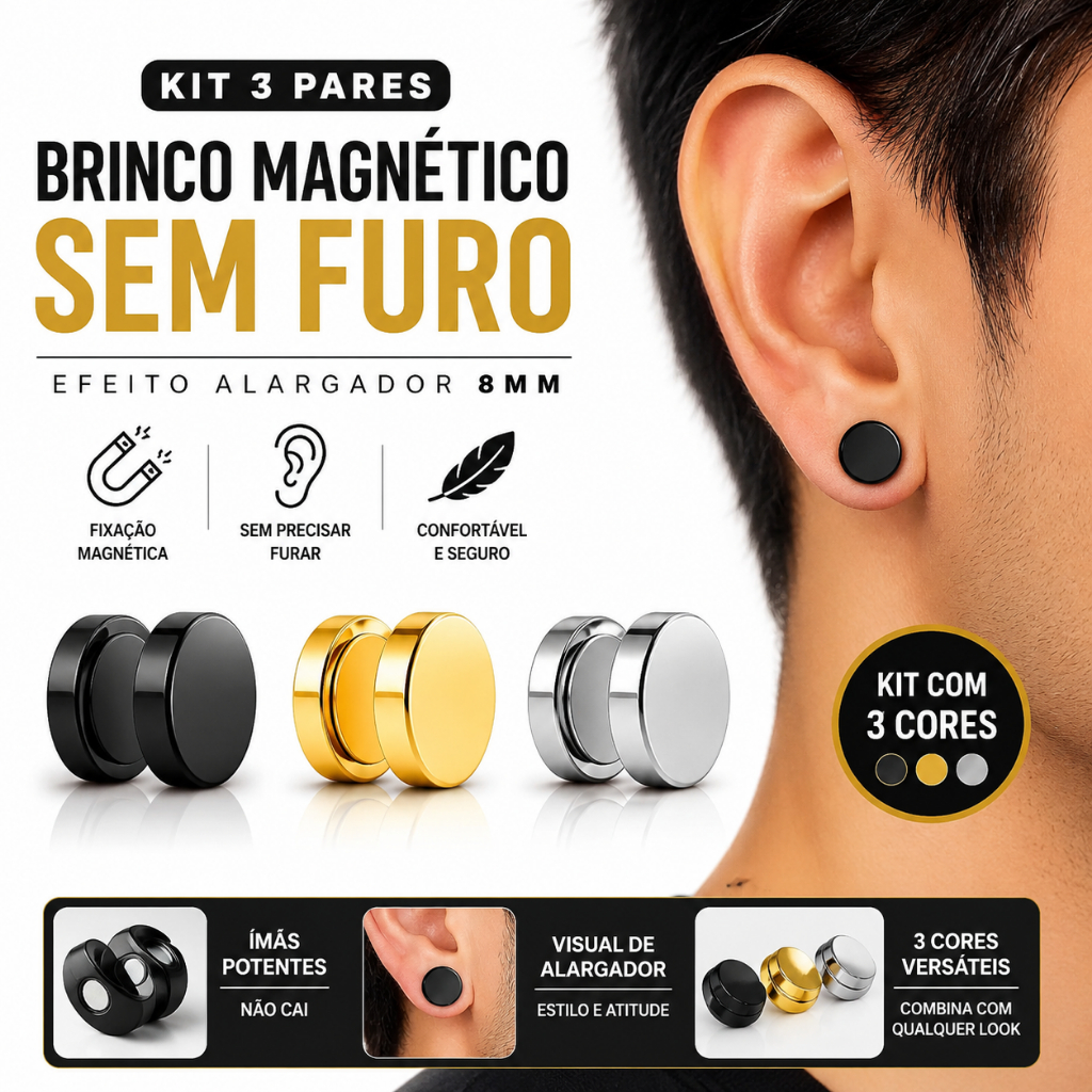 Brinco Falso Alargador Magnético 8mm Sem Furo Brinco de Pressão Unissex