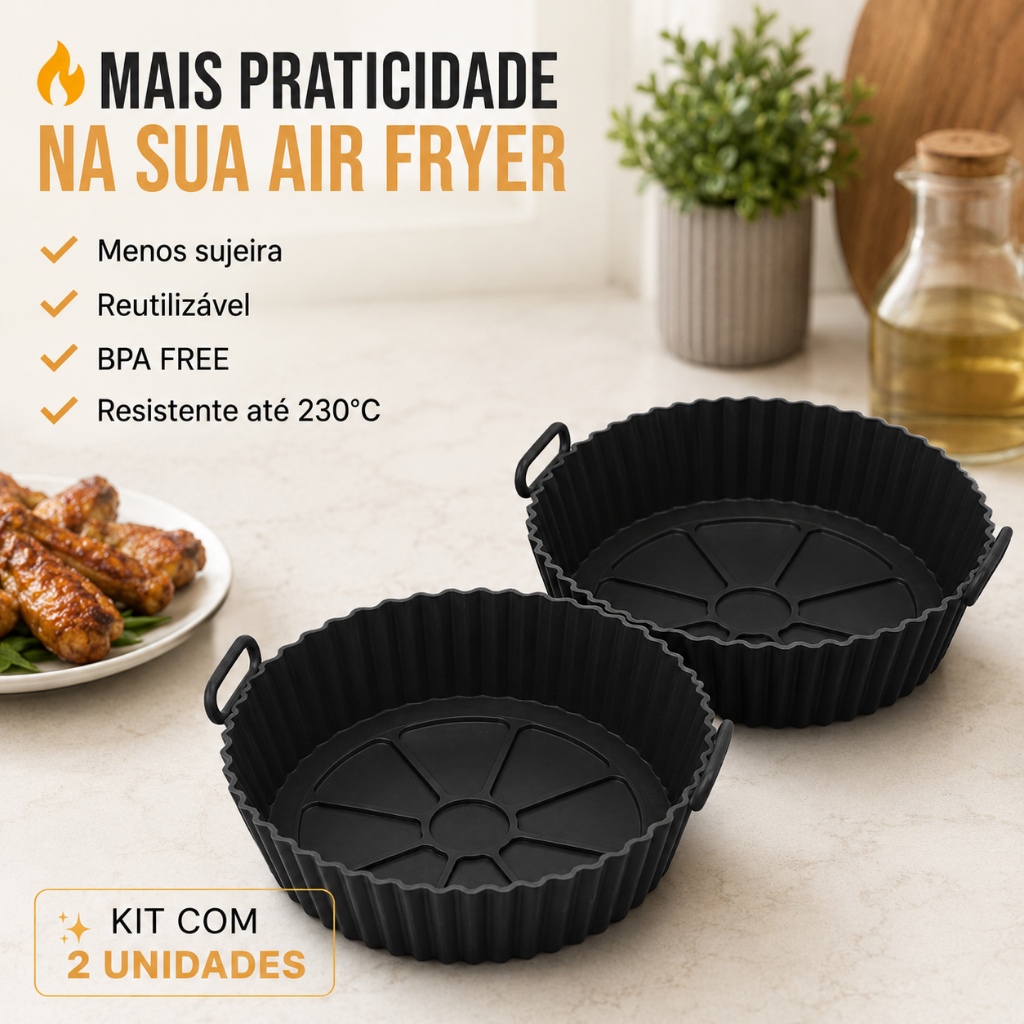 KIT 2 Forma Silicone Air Fryer Forno Microondas Fritadeira Assadeira Reutilizável Antiaderente