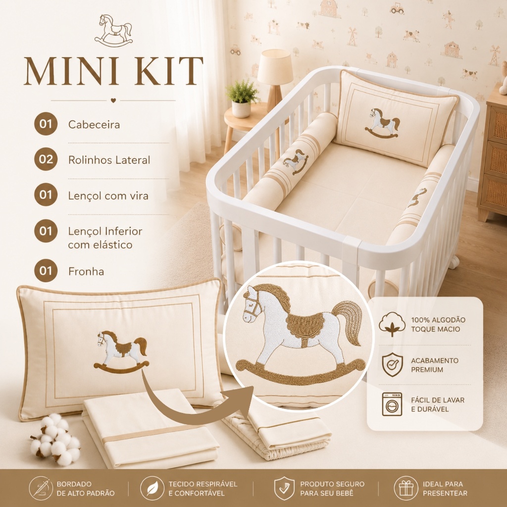 MINI KIT Protetor Berço Algodão Cavalinho Bordado 8 Peças Com Mosquiteiro Bando