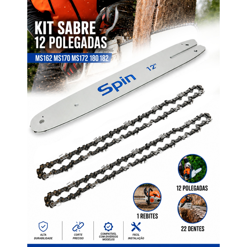 Sabre Saibro Barra Facão Espada 12 Polegadas 1.3mm Com 2 Correntes 22 Dentes Motosserras Stihl Ms 170 180 210 180c 193T