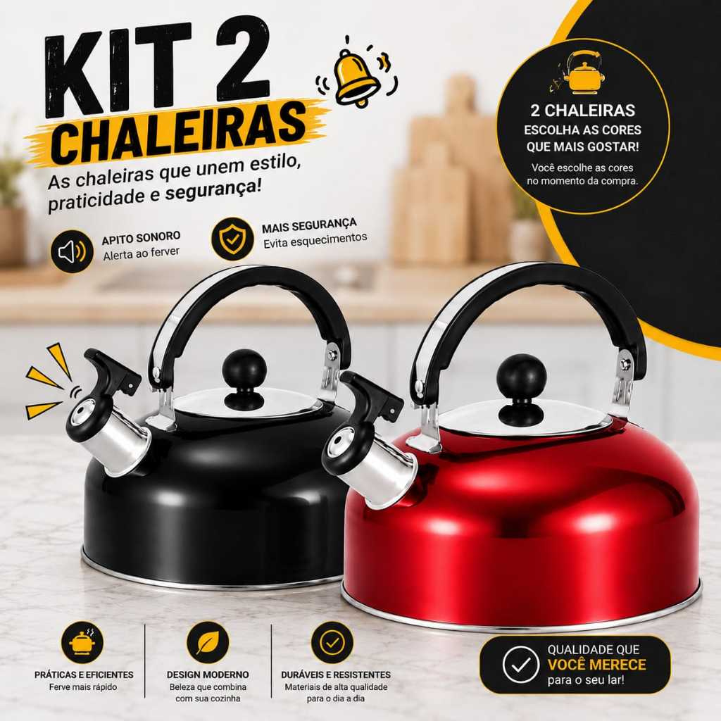 Kit Com 2 Chaleiras Com Apito Sonoro Varias Cores Mais Segurança Rapido Chaleira Fogao Gaz E Indução