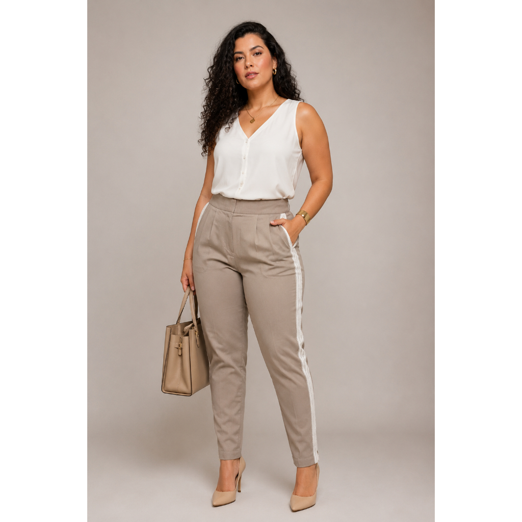 CALÇA ALFAIATARIA FEMININA EM SARJA SATIN CAQUI CINTURA ALTA COM BOLSO E FAIXA LATERAL TAMANHO 38