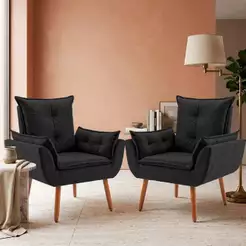 Jogo 02 Poltronas Decorativas Pés em Madeira Para Quarto e Sala de Estar