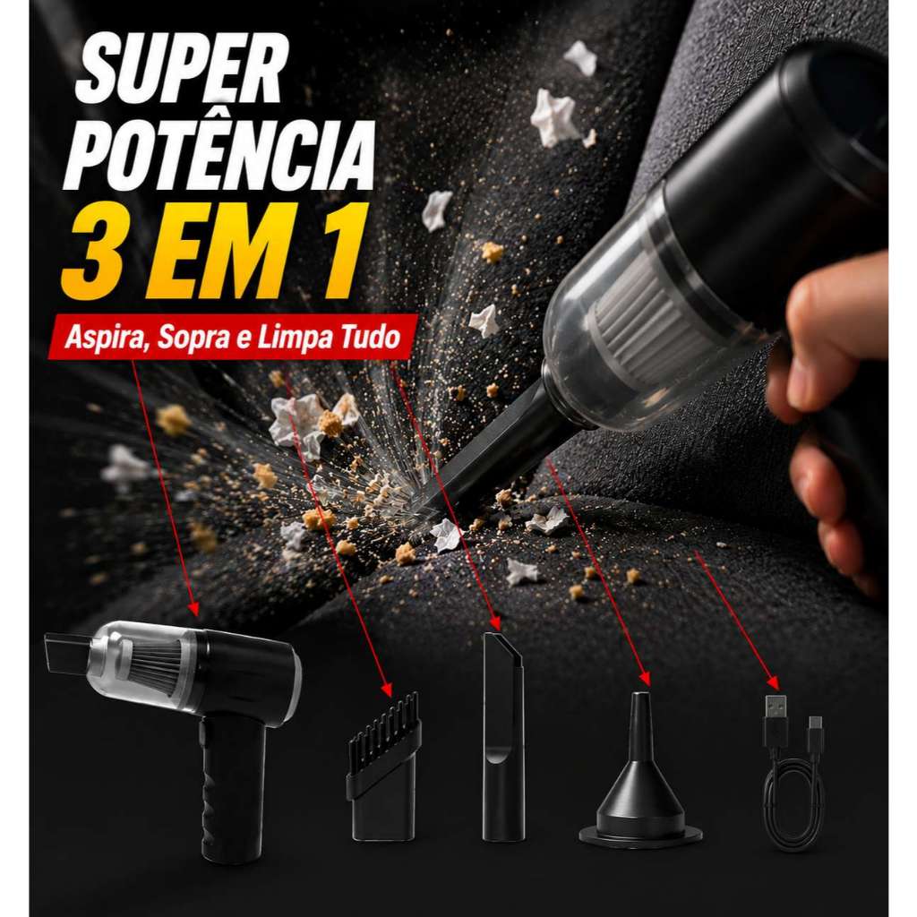 Aspirador Soprador Portátil Faz Vácuo 3 em 1（Aspira, Sopra e Esvazia)  SEM FIO POTENTE  / PORTÁTIL