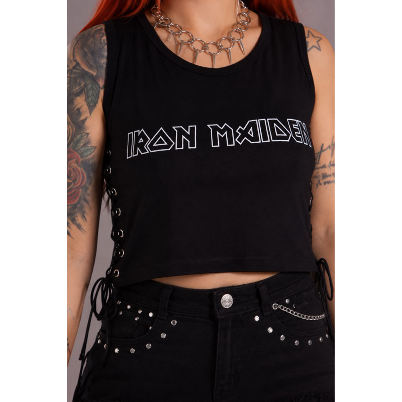 Cropped Feminino Regata Estilizado Ilhós Laterais Iron Maiden
