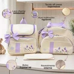 Kit Bolsa Maternidade Grande + Mochila de bebe + Trocador Impermeável Menina Flores Enxoval Luxo