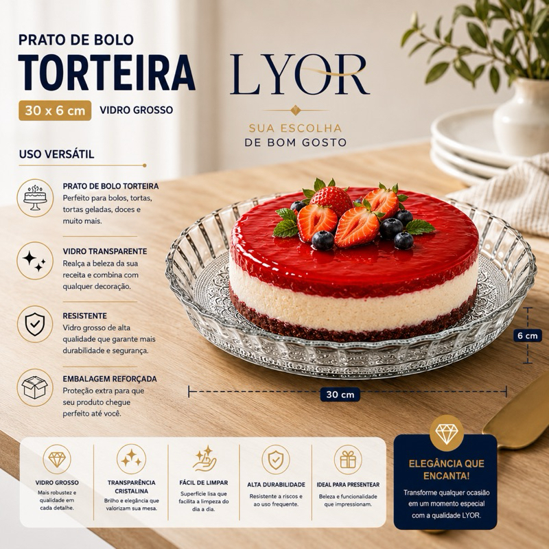 Prato para Bolo Boleira Lyor Torta Vidro Angel 30x6  - Elegante para Mesa e Sobremesas Lyor