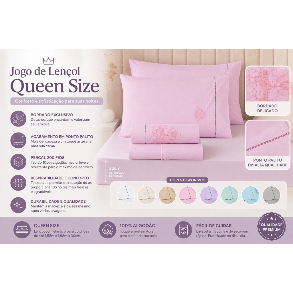 Jogo De Lençol Queen 4 Peças 200 Fios Algodão Bordado Crivo Luxo