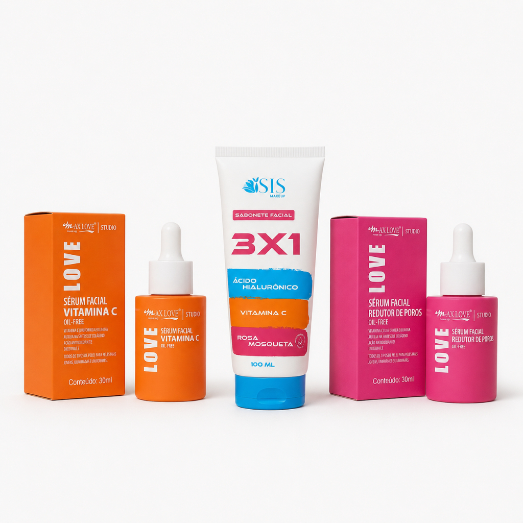 Kit Rotina Facial Completa | Sérum Poros + Sérum Vitamina C + Sabonete Facial | Max Love Isis Makeup